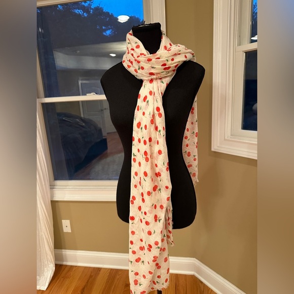 MANGO cherry print off white scarf shawl cotton-linen blend - Picture 1 of 12